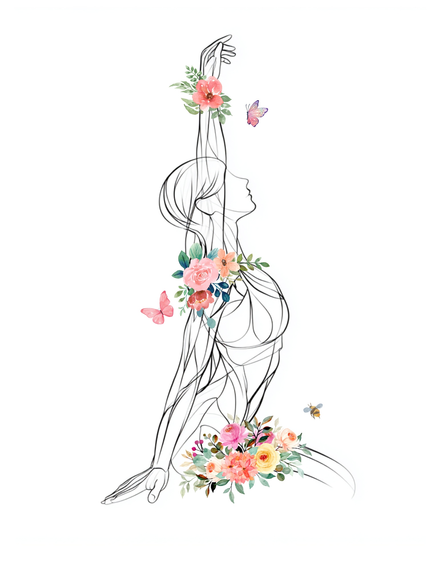 sketch of female muscular system embossed with flowers